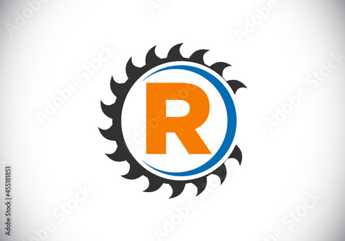 Initial R monogram alphabet with the saw blade. Carpentry, woodworking logo design. Font emblem. Modern vector logo for sawmill business and company identity