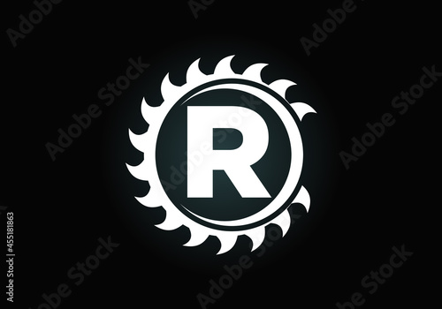 Initial R monogram alphabet with the saw blade. Carpentry, woodworking logo design. Font emblem. Modern vector logo for sawmill business and company identity