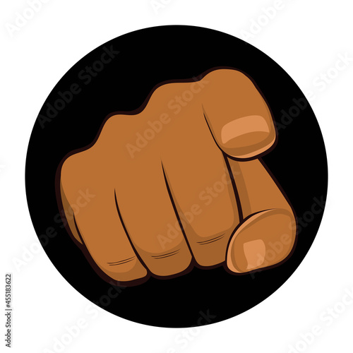 Black hand pointing finger towards you gesture on dark round background we want to recruit you