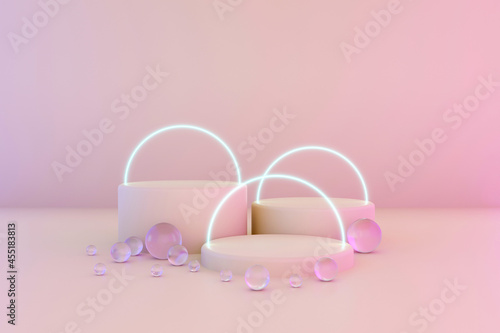 Pastel pink minimal three 3d background with neon effect. Poster design with studio podium platform, glass balls and glowing spheres. Abstract 3d render. Minimal stage for business concept.