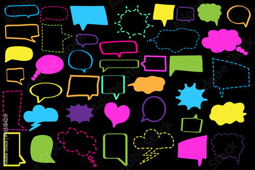 Neon color speech bubbles icon set on black background. Chat emblem. Message symbol. Vector illustration. Stock image. 