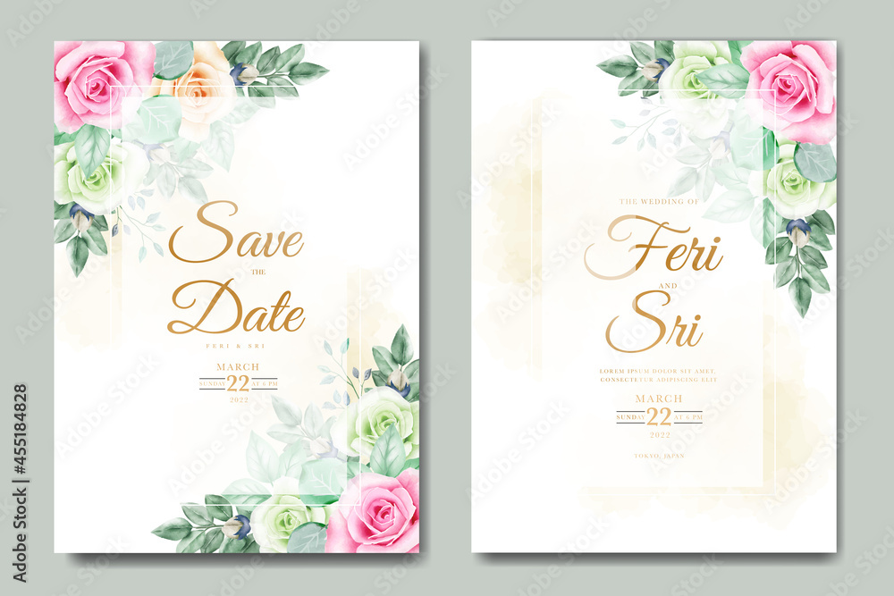 beautiful floral leaves wedding invitation card  watatercolor