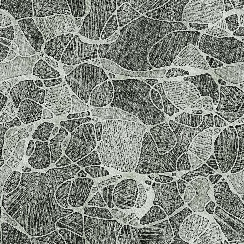 Seamless hand drawn pencil sketch pattern for surface print. High quality illustration. Ornate hand drawn look with lights and shadows and crosshatch texture. Ornate abstract design in perfect repeat.