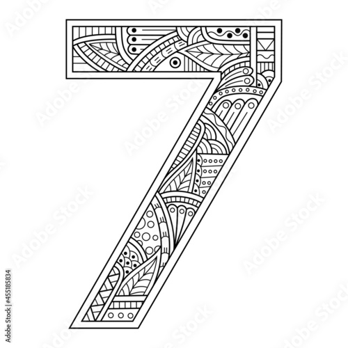 Hand drawn of number seven in zentangle style