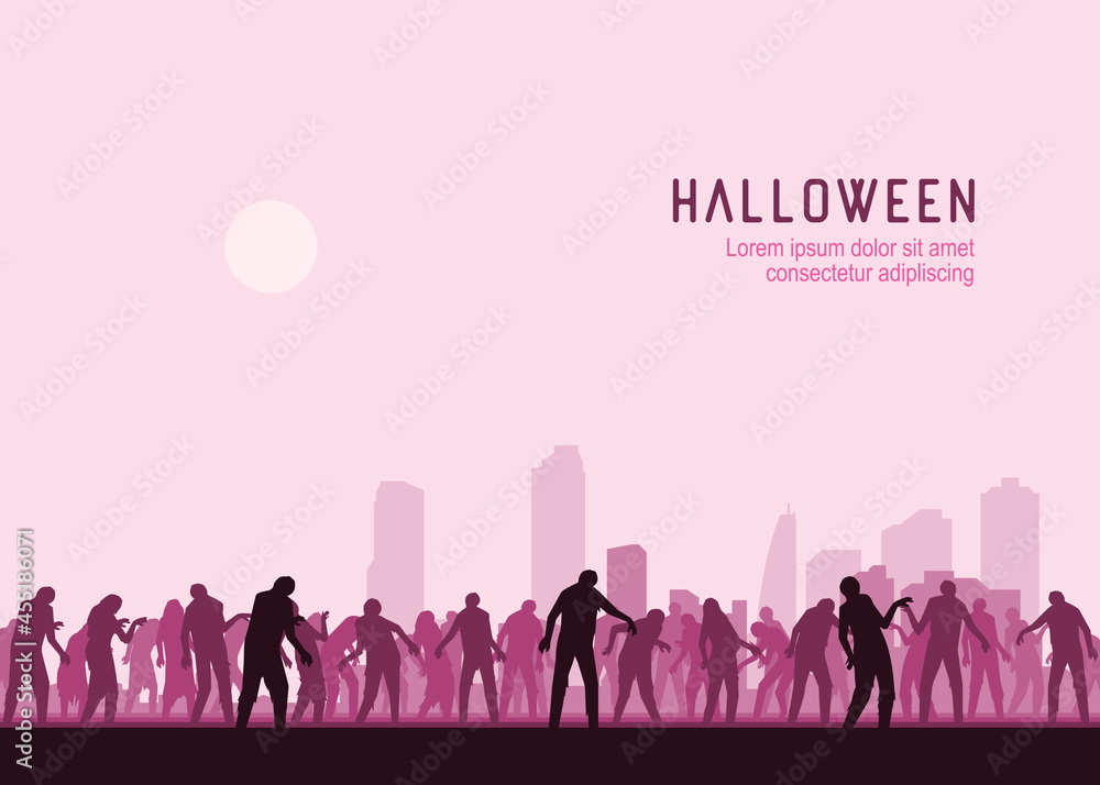 Halloween background. Spooky zombie crowd walking towards the town. Silhouettes illustration for Halloween Halloween background. Spooky zombie crowd walking towards the town. Silhouettes illustration for Halloween