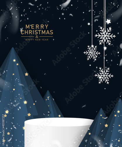 Stage podium decorated with Christmas tree, snowfall, snowflakes, star.Pedestal scene with for product, advertising, show, award ceremony, on dark blue background. Winter backdrop.Vector illustration.