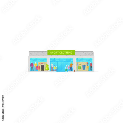 Sport store or shop sportswear clothing building, vector isolated menswear and womenswear sport boutique. Sport clothing store with sportswear and footwear mannequins in window display showcase