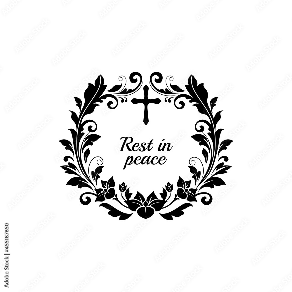 Funeral obituary card with frame for condolences, flower wreath, vector  border template. RIP funeral floral black circle with grief message of  deepest sympathy, memory ribbon and mourning memorial #2848537