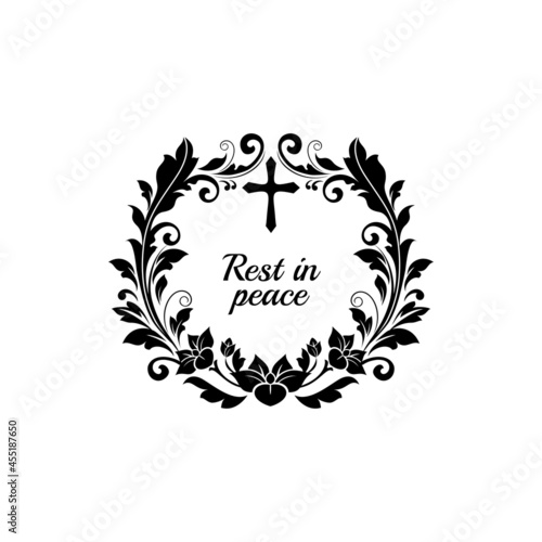 Funeral card, obituary flower wreath RIP, vector black floral ribbon. Funeral death and grief memory frame with cross and floral wreath for mortuary memorial, condolences message and farewell banner