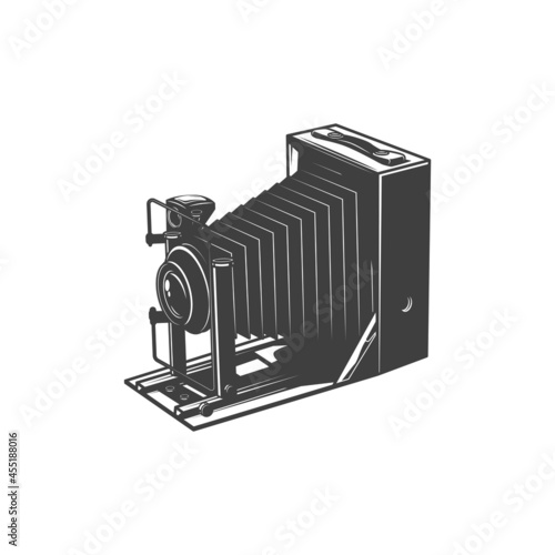 Unfolded vintage camera, photo-camera photography making device isolated monochrome icon. Vector old photocamera, photography shooting equipment, folding cam in retro style, manual camera