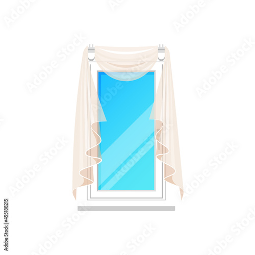 Curtains of window, house interior and home glass frame, vector room drapes. White window drapery, transparent tulle blinds of white pleated cloth, isolated icon
