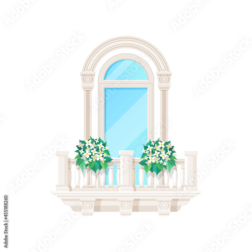 Balcony window with fence railing or banister, building architecture, vector. House balcony porch with flowers, classic old apartment vintage arch window and white stone marble fence banister