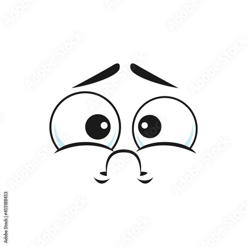 Resentful or annoyed emoticon with curved smile and big eyes isolatednemoji. Vector social network emoji, uncertain face with closed mouth. Puzzled uncertain smiley gesture, oops facial expression