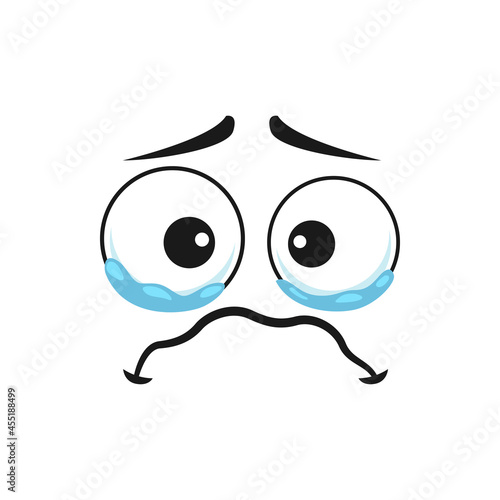 Crying emoji in bad mood isolated emoticon icon. Vector character face in bad mood, weeping emoticon, emoticon in sorrow, tears on face. Lonely feeling, grief and depression, dissatisfied smiley