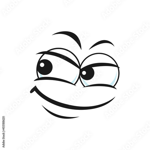 Happy confident emoticon with aside smile isolated icon. Vector cunning emoji with satisfied smile, gesture of self-confidence, successful smiley. Cheerful comic smiley with big eyes and eyebrows