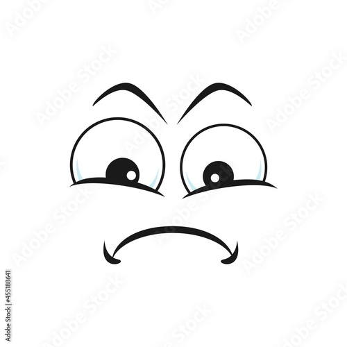 Upset emoticon with sad face expression isolated unhappy emoji icon. Vector suspicious emoji with offended sorrowful facial expression. Bored irritated smiley with big eyes depressed cartoon character