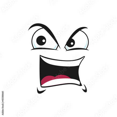 Grumpy sullen emoji, ireful or rageful emoticon isolated icon. Vector irritated angry smiley in bad mood, emoji with eyebrows up. Upset emotion, wrathy sad emoji with open mouth, angry smiley