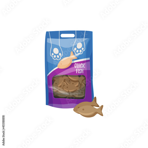 Cats snack or pets treat, fish biscuits, animals care and health food, vector. Cats and kitten feeding meal or taming and training snack treats in bag pack, flat isolated icon