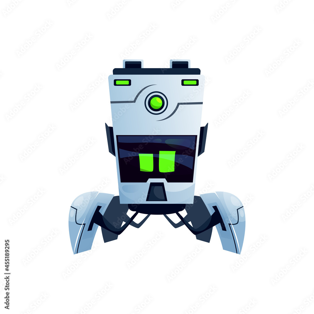Futuristic ai robot with big display and folding legs with grabs isolated realistic icon. Vector artificial intelligence futuristic electronic machine. Robot cartoon character with flexible parts Futuristic ai robot with big display and folding legs with grabs isolated realistic icon. Vector artificial intelligence futuristic electronic machine. Robot cartoon character with flexible parts