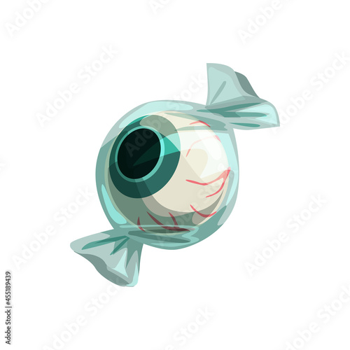 Zombie eye Halloween round caramel candy in wrapping isolated trick or treat dessert. Vector hard fruit bonbons with scary eye, sugar food. Sucker,wrapped lollipop scary holiday confectionery