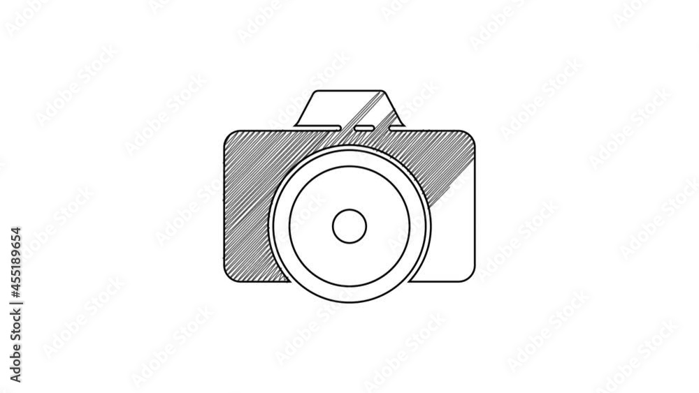 Black line Photo camera icon isolated on white background. Foto camera icon. 4K Video motion graphic animation Black line Photo camera icon isolated on white background. Foto camera icon. 4K Video motion graphic animation