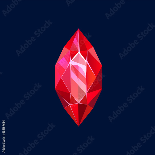 Red magic crystal, gem or precious rock, vector icon. Mineral crystalline stone of piked oval shape, gemstone ruby, tourmaline, spinel or fire opal. Semiprecious pomegranate, jewelry cartoon sign
