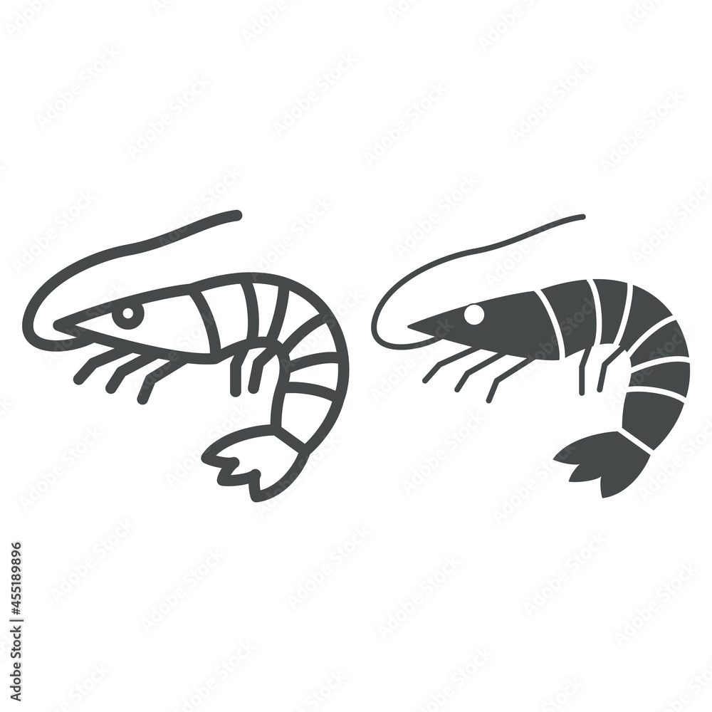 Shrimp line and solid icon, seafood concept, prawn vector sign on white background, outline style icon for mobile concept and web design. Vector graphics. Shrimp line and solid icon, seafood concept, prawn vector sign on white background, outline style icon for mobile concept and web design. Vector graphics.