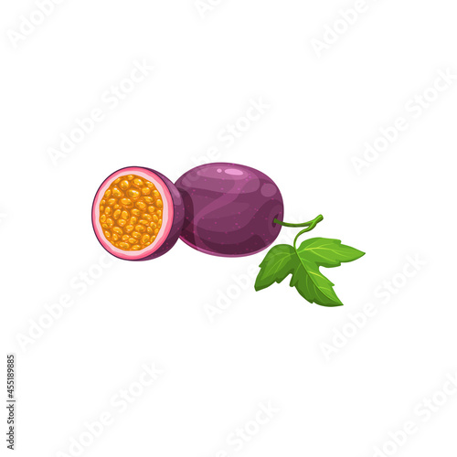 Passion fruit vector fresh tropical plant. Passionfruit whole and half, maracuya natural exotic fruit with green leaf, juicy yellow pulp and seeds. Ripe healthy product isolated cartoon element
