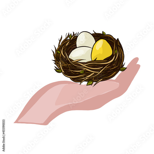 Vector illustration of a concept nest with eggs on the palm of a person in the form of safety and protection on a white isolated background. Vector illustration