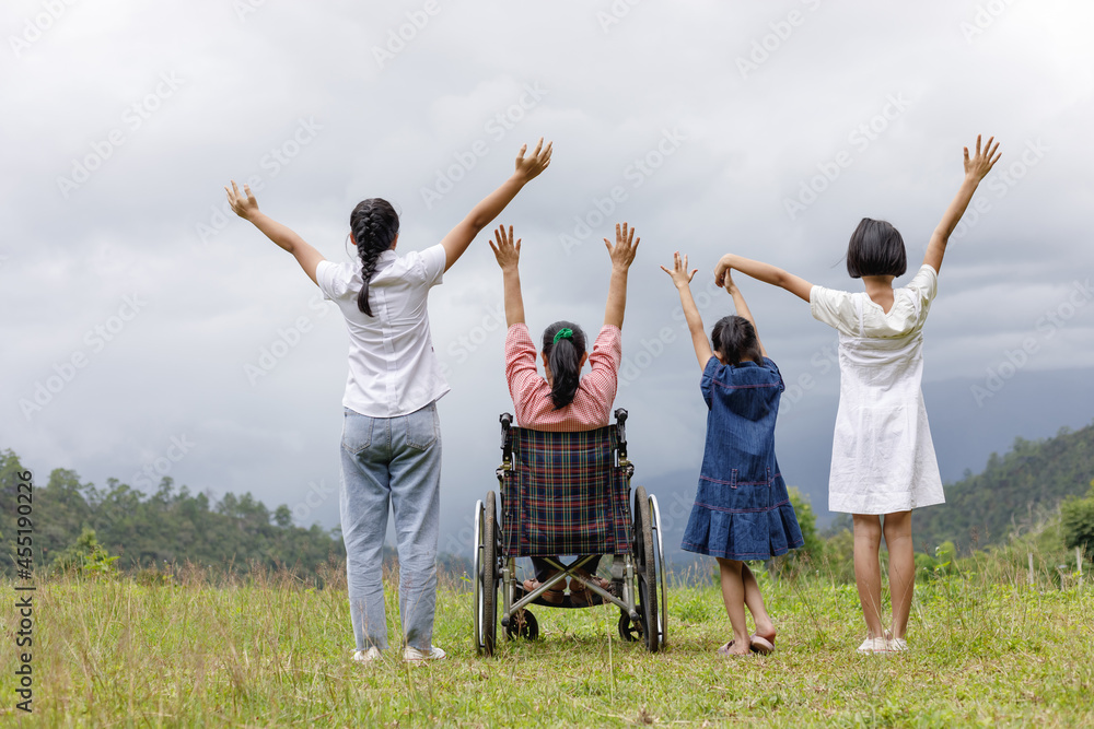 Group of happy family with disabled woman in wheelchair and children raised hands on mountain park.Rear view Group of happy family with disabled woman in wheelchair and children raised hands on mountain park.Rear view