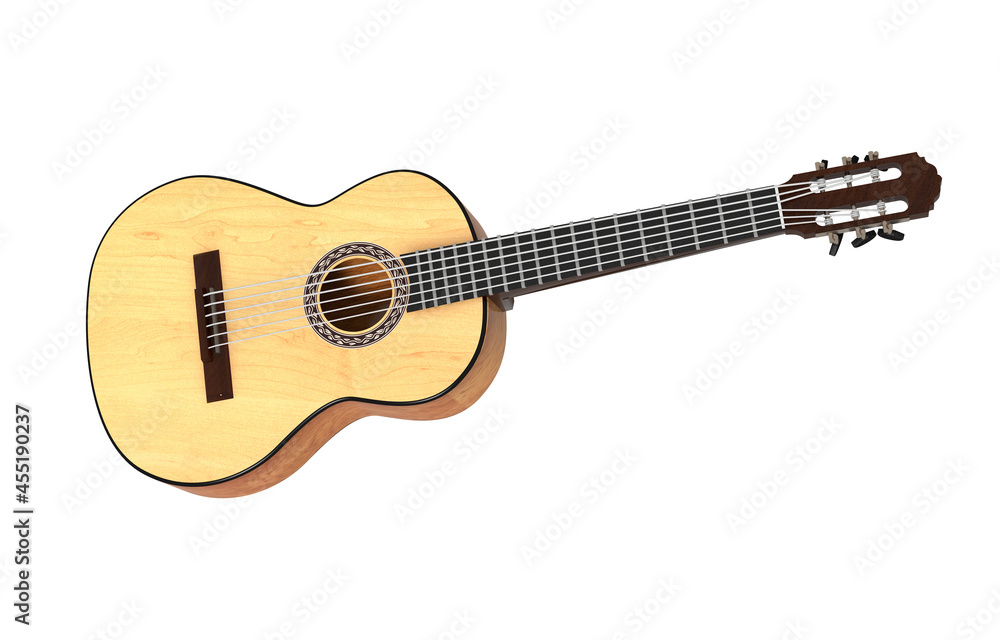 3d illustration of a classical guitar. 3d rendering of a guitar on a white background