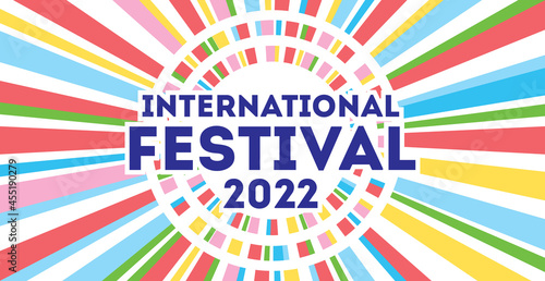 International festival. Colored design background for the decoration of the holiday. Bright flags form a circle. Corporate identity of the event