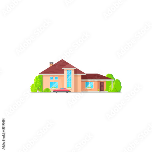 Town cottage, family mansion with chimney on roof, green trees. Vector house in flat with retro car, entrance door and windows. Residential building on sale or rent, real estate villa outdoor facade © Vector Tradition