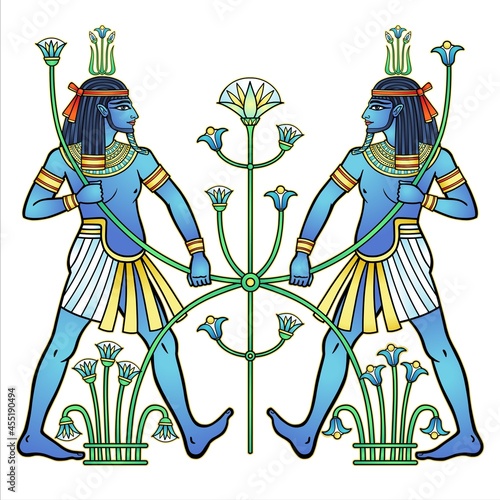 Animation portrait  Egyptian God Hapi holding a reed flower. God of fertility, of water, of  Nile River. Full growth. Vector illustration isolated on a white background. Print, poster, t-shirt, tattoo photo