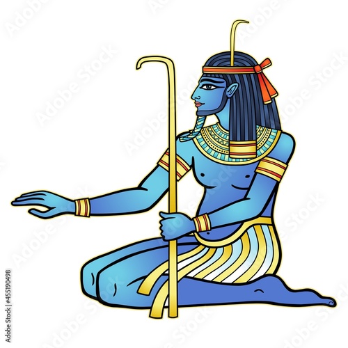 Animation color portrait sitting Egyptian God Hapi. God of fertility, of water, of  Nile River. Vector illustration isolated on a white background. Print, poster, t-shirt, tattoo.