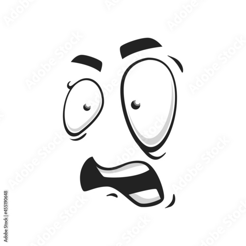 Cartoon face vector icon, frightened funny emoji, scared facial expression with wide open or goggle eyes and wry mouth, fear or shock feelings isolated on white background