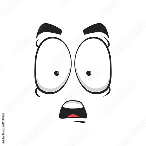 Cartoon face vector icon, surprised funny emoji, astonished facial expression with wide open or goggle eyes and open mouth, feelings isolated on white background