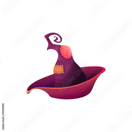 Cartoon witch hat vector icon, purple magician headwear with patches, folded brims and curled tip. Halloween wizard cap, sorceress costume isolated on white background