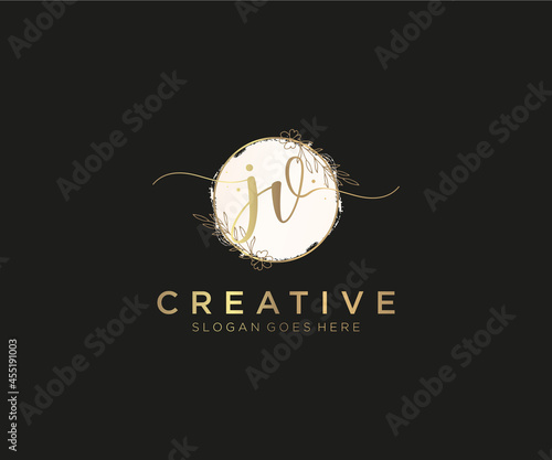 initial JV Feminine logo beauty monogram and elegant logo design, handwriting logo of initial signature, wedding, fashion, floral and botanical with creative template.