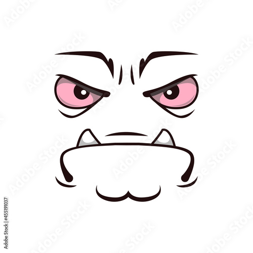 Monster face cartoon vector icon, grumpy creature, sad emotion with frowned eyes and mouth with protrude fangs. Halloween ghost, alien or spooky emoji isolated on white background