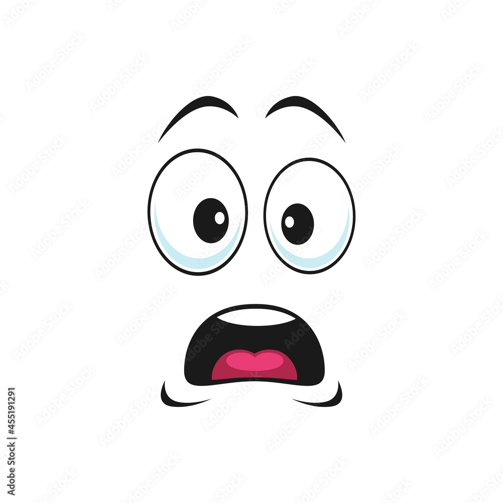 Image Details INH_18984_61368 - Cartoon face vector scared or upset emoji  with open toothy mouth and eyes looking up. Funny facial expression,  negative shocked feelings, character frightened emotion isolated on white  background.