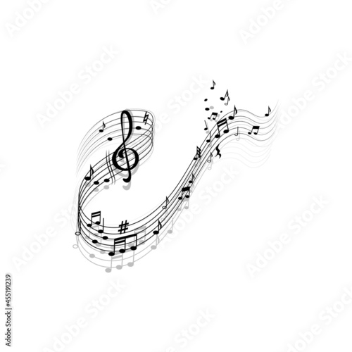 Song composing lines, melody elements treble clef and notes isolated icon with reflection shadows. Vector notes on music sheet, bass melody quaver or quarter swirls, jazz sound music sheet paper
