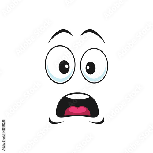 Amazed emoticon with open mouth, big eyes isolated worried, unsure facial expression. Vector terrified or frightened emoji with shocked face. Scared or surprised smiley, afraid or horrified, confused