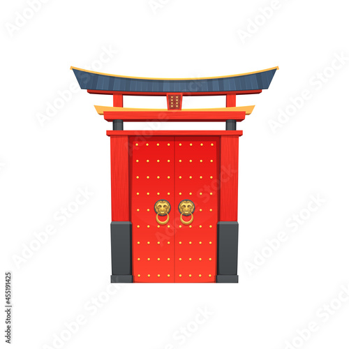 Chinese gate architecture, entrance with roof in oriental style round handles of lion hand. Vector Chinatown red door. Japanese or Korean temple entrance, arc design, China entrance or exit gate