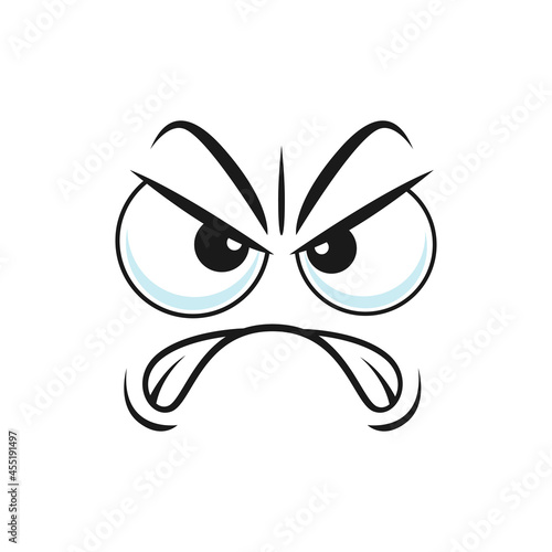 Angry disbelief emoticon expression, distrusted sad mood emoji, suspicious emoticon with angry face isolated smiley. Vector distrustful emoji with big eyes and curved down mouth, irritated face