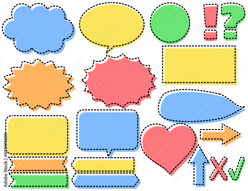 Set of speech bubbles.Banners for chat and advertising.Set of border and stickers.Collection of banner and label.Concept of comics.Tag and arrows.Sign, symbol, icon or logo.Vector illustration.