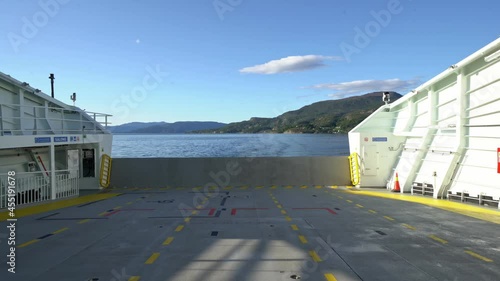 Stern view from car deck onboard car and passenger ferry Mf Hydra - Worlds first liquid hydrogen powered ferry - Zero emission technology Norway photo