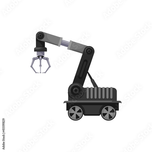 Machinery manufacture robot arm with claw on wheels isolated factory automation. Vector factory logistics technology, automation rendering robotic arm with loading element. Automated mechanic hand
