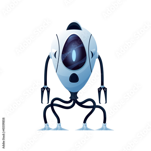 Automated robot on sucks, flexible legs and arms with grabs isolated cyber space android. Vector mechanical plastic or metal kids toy, robotic loader smart bot machine. Futuristic humanoid or cyborg