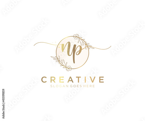 initial NP Feminine logo beauty monogram and elegant logo design, handwriting logo of initial signature, wedding, fashion, floral and botanical with creative template.